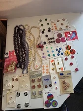Lot Vintage Buttons +Costume Necklaces Estate Collection Mixed Material FreeShip