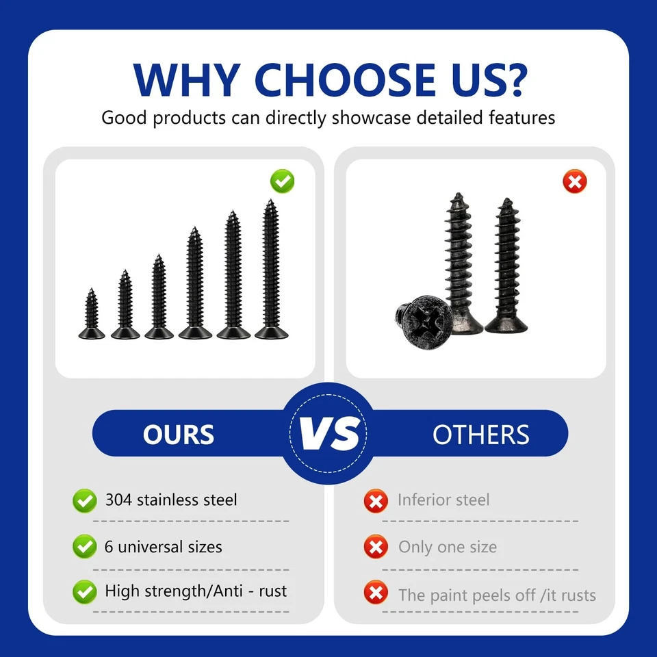 255pcs Black Wood Screws Assortment Kit, 304 Stainless Steel, Self -  - Image 4 of 4