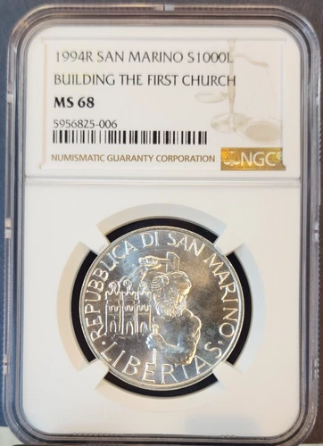 1994 SAN MARINO SILVER 1000 LIRE BUILDING THE FIRST CHURCH NGC MS 68 TOP POP