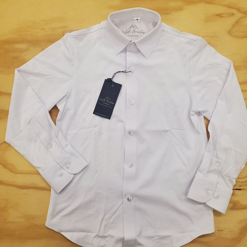 Camisa de vestir blanca para niños con tela de mezcla de poliéster de algodón suave súper elástica Foto 3 de 4