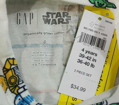 BabyGap Kid's Star Wars 100% Organic Cotton PJ Set WR4 Off White Milk Size 4Y - Picture 4 of 9