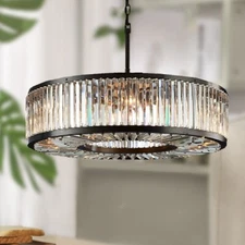 23.6-Inch Black Round Crystal Chandelier, Adjustable Height
