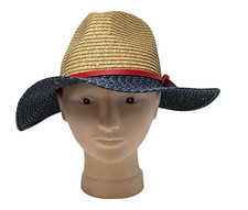 PANAMA HAT Womens Wide Blue Brim Straw Patriotic Beach Vacation Garden OSFM NEW