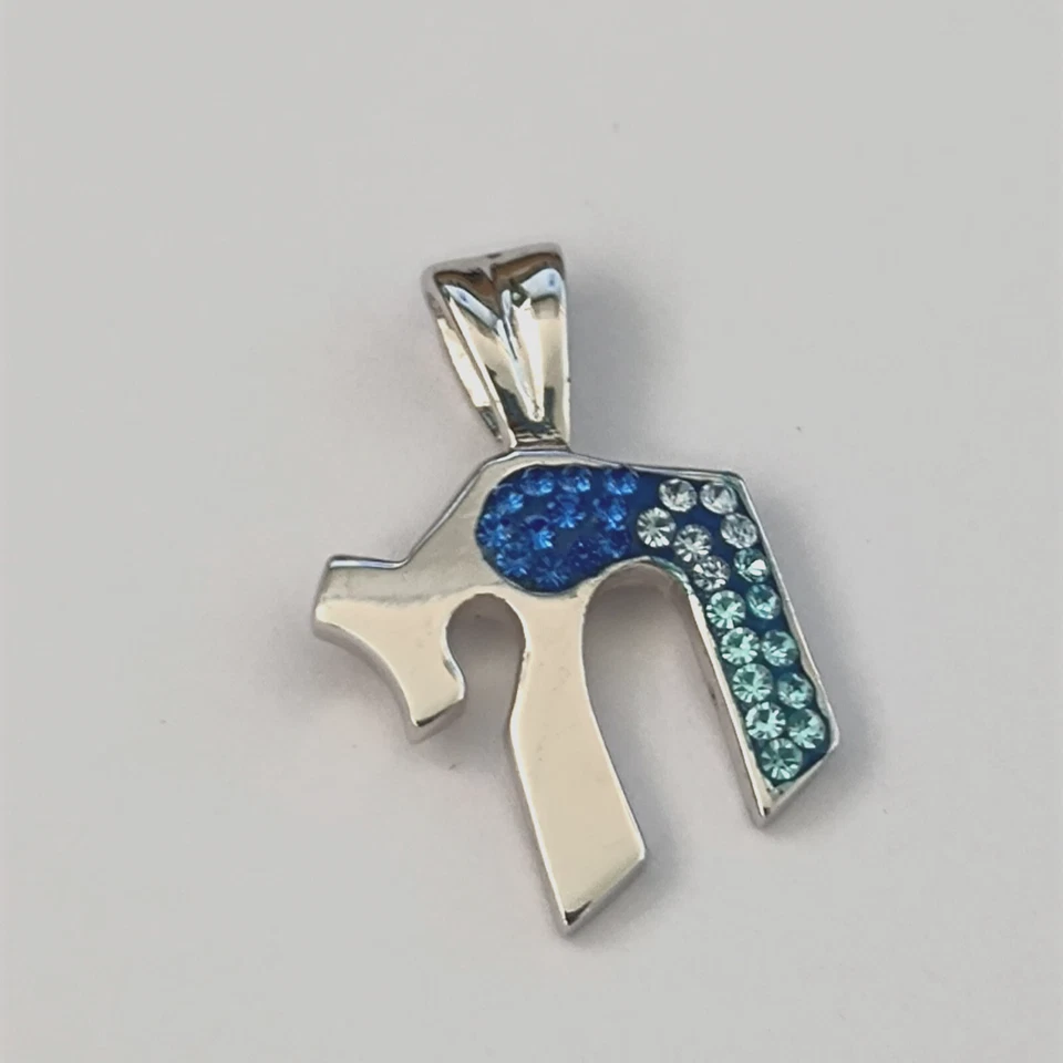 Pingente masculino de prata esterlina Chai cristais azuis vida hebraica berloque judeu presente - Imagem 2 de 4