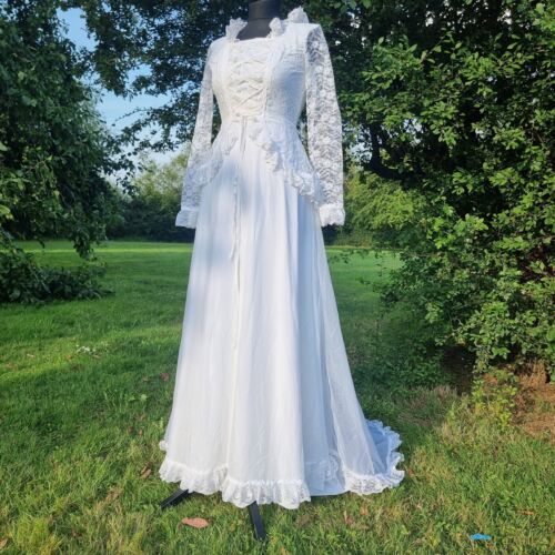 Vintage 1970er Jahre Spitze Cottagecore mittelalterliches Revival romantisches Hochzeitskleid Größe 8 - Bild 2 von 7