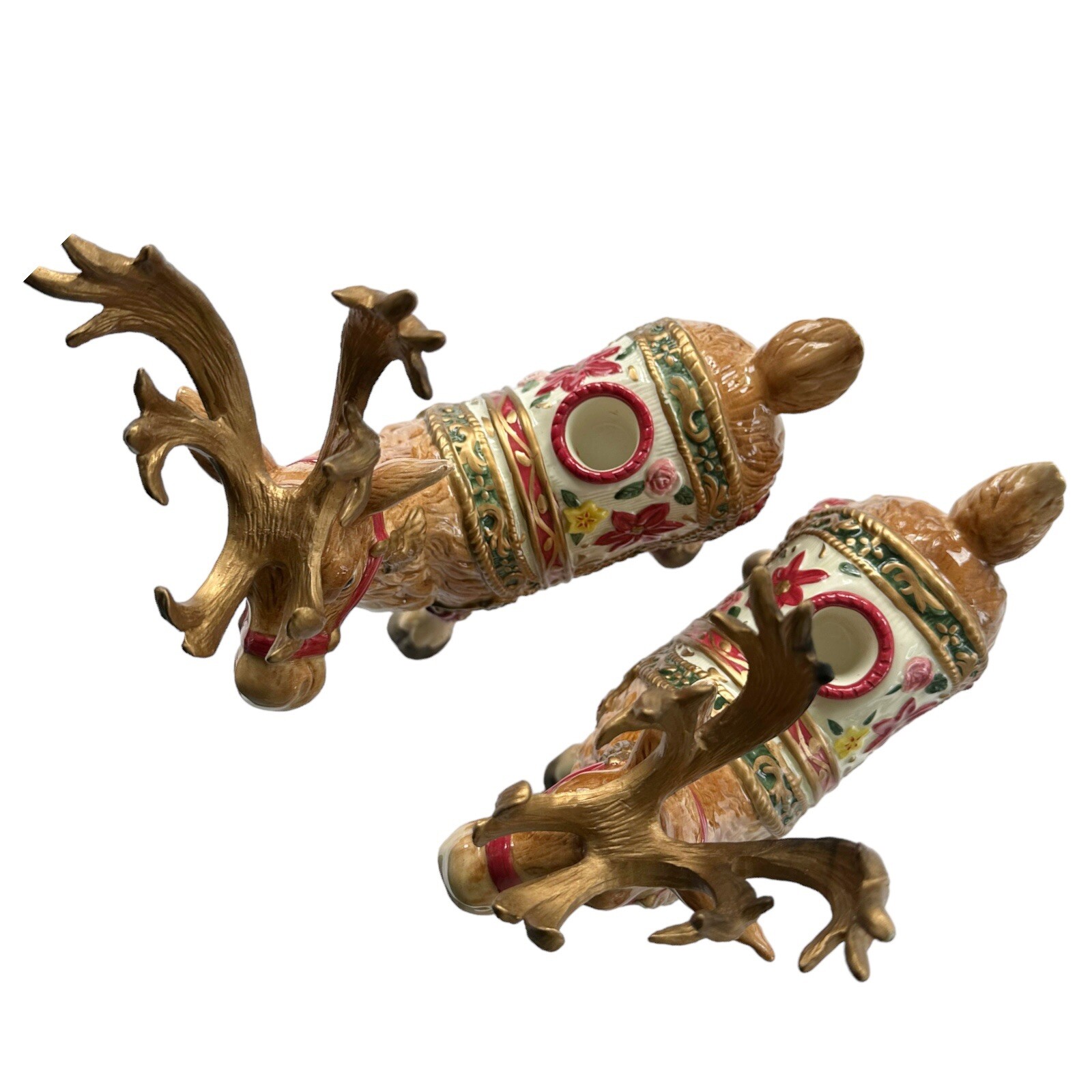 2 Fitz Floyd Reindeer Taper Candle Holders Father Christmas Ceramic
