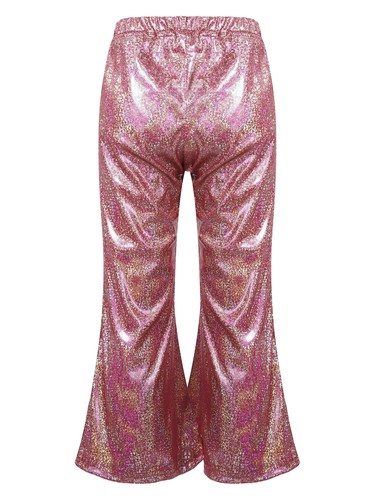 Girl Pant Shiny Metallic Flare Dance Pants Hippie Bell Bottom Wide Leg Dancewear - Picture 62 of 87