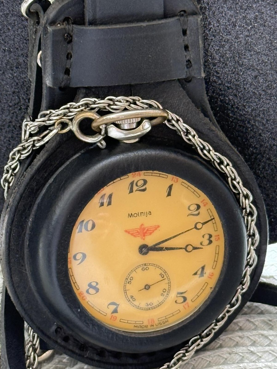 VINTAGE Molniya Pocket Watch Mechancal Leather Case WW1 Russian