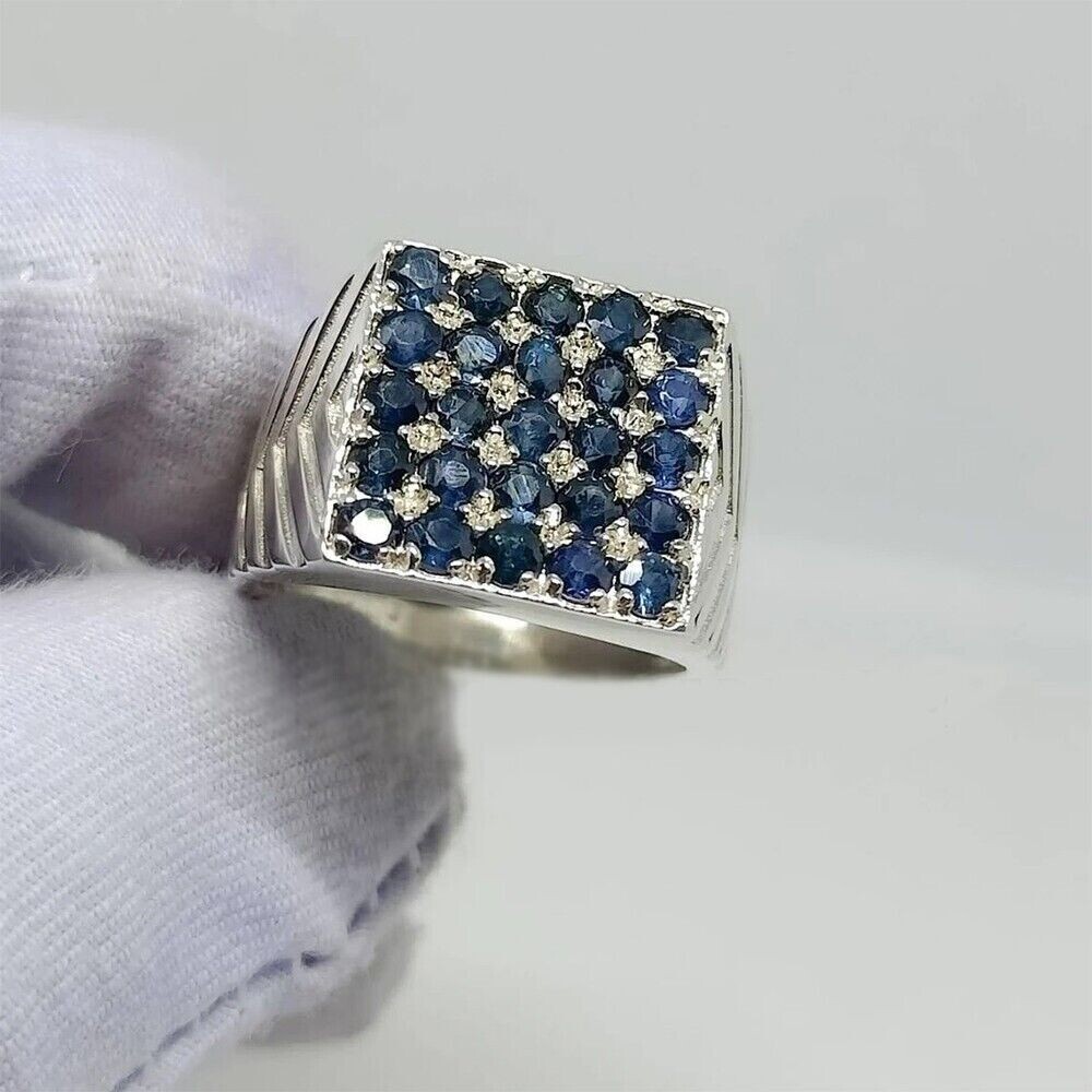 Round Cut Natural Blue Sapphire Men's Engagement Ring In