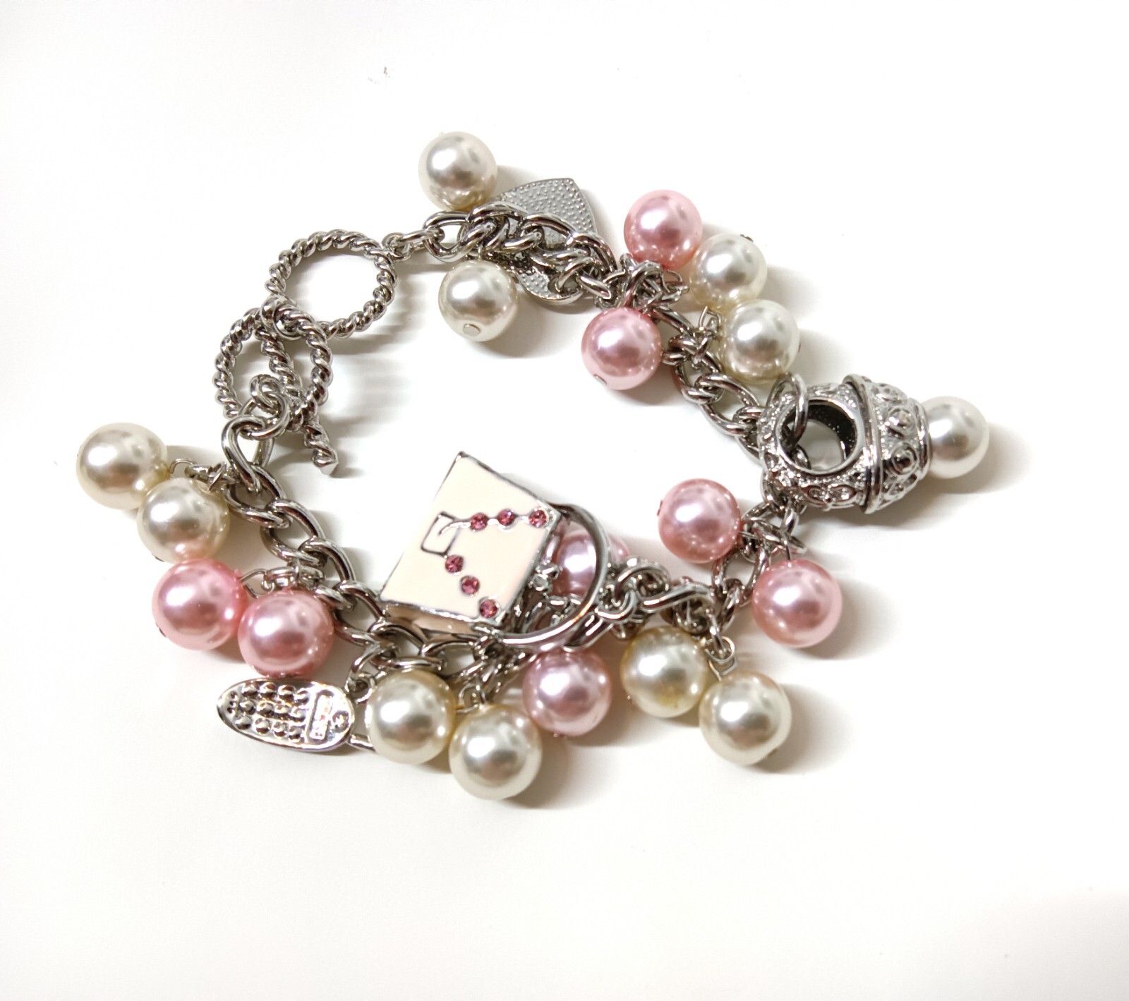 Faux Pink and White Pearl Charm Bracelet With Rebecca Charm eBay