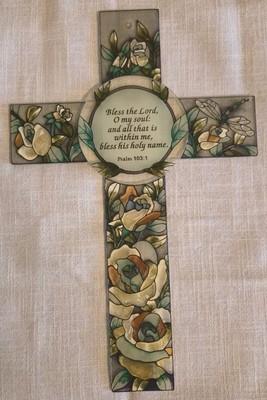 Amia Studios Hand Painted Stained Glass Crucifix Cross Psalm 103:1 Beautiful 