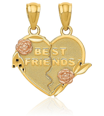 14K Solid Two Tone Gold Medium Best Friends Break-apart Heart Pendant Necklace