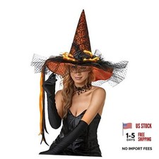Women's LED Lighted Witch Hat Halloween Costume with Gauze Feathers Orange