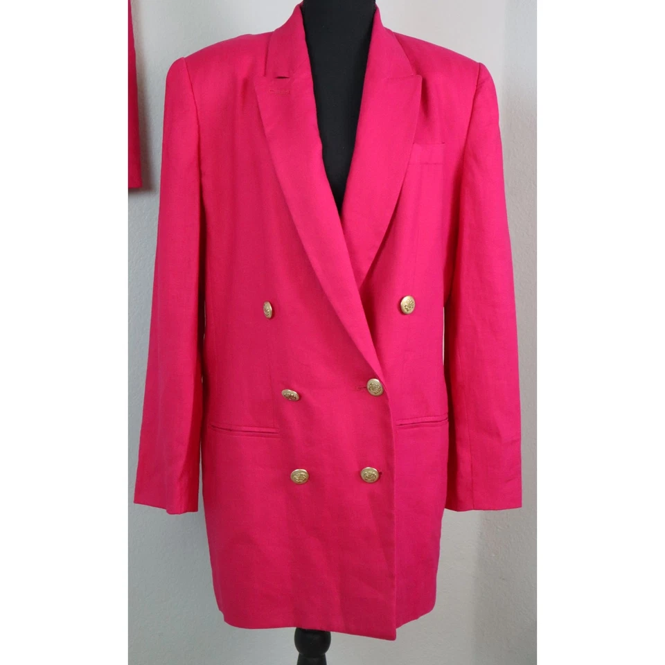 Traje Falda Vintage Años 80 90 Valerie Stevens LINO Rosa Caliente Doble Pecho 10  Foto 2 de 4