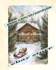 Log Cabin Tin Sign Rustic Winter Holiday Scene