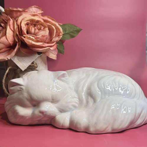 Vintage Ceramic Sleeping Cat Figurine White Glazed 11” MCM Persian Cat - Picture 6 of 22
