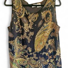 Vintage White Stag Paisley Tank Top L Black Gold Stretch Made in USA 90s