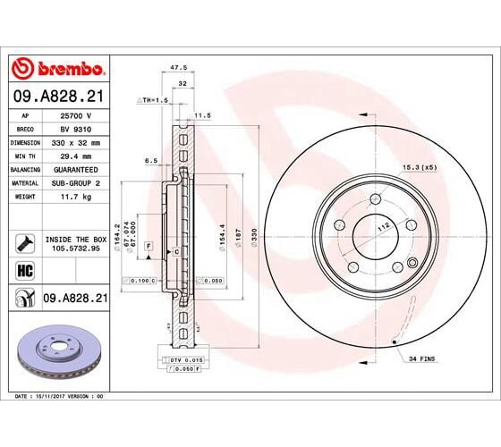 1X BREMBO Disque De Frein Avant Ø 330Mm Pour Mercedes Benz 09.A828.21