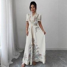 Paisley Maxi Dress Women High Waist V Neck Lace Trim A-Line Summer Dress
