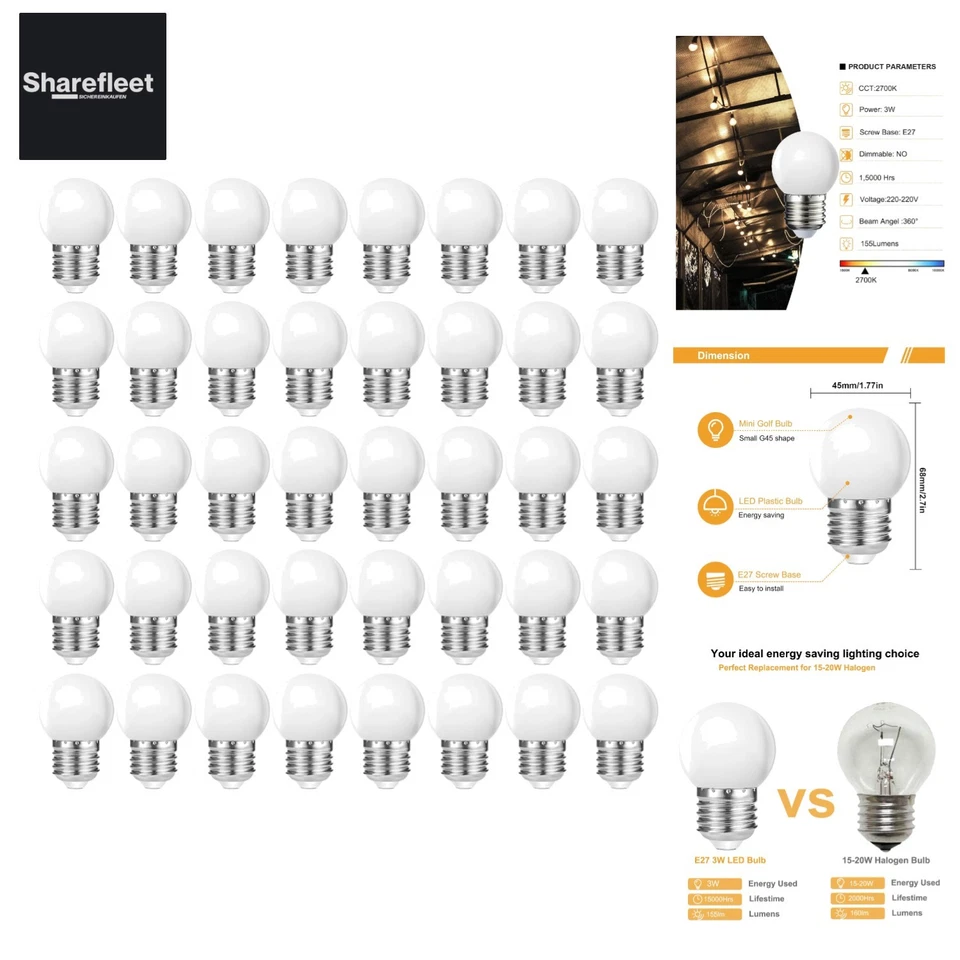 40 Stück 3W E27 G45 LED lampe für Lichterkette, LED Warmweiß 2700K, Kunststof...