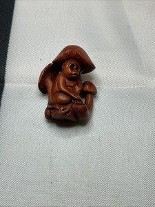 Vintage Japanese Boxwood Netsuke Monkey under Mushrooms Signed Figurine