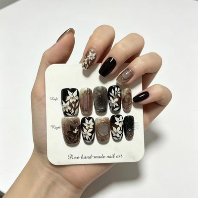 Handmade press on nails with hand-painted flowers fake nails in dark color schem