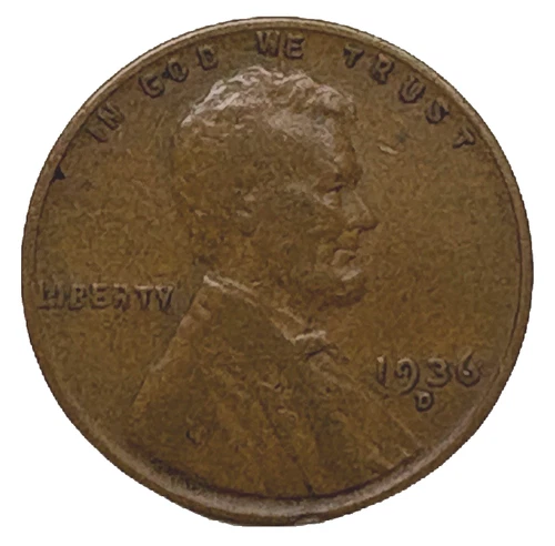 United States 1936 D Lincoln Wheat Cent Bronze KM 132 Good Hole Filler