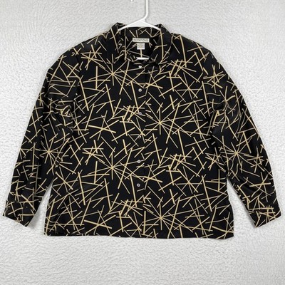 Notations Button Down Blouse Womens XL Black Tan Geometric Linear Shoulder Pads