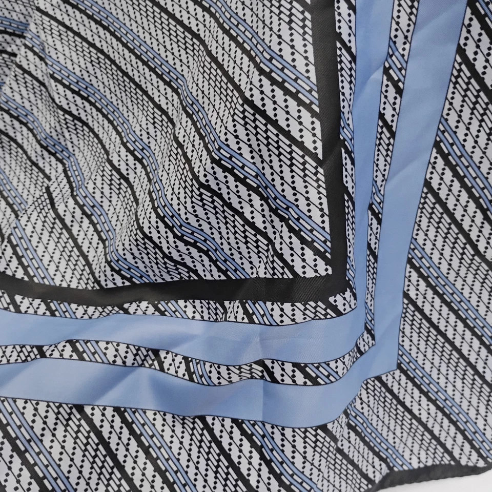 Women's Silk Square Head Scarf Neckerchief Navy Blue White Dots Geometric 27"  - Image 3 of 3