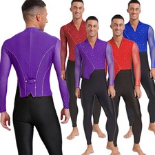Men Dancewear Patchwork Bodysuit See-Through Jumpsuit Fashion One-Piece Dance