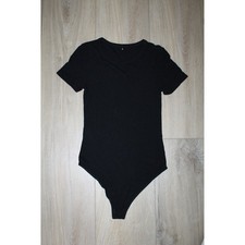 Black Ribbed Short Sleeve Bodysuit Crew Neck Size M TL00142 Casual Basic