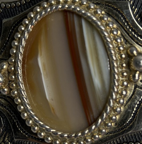 Carved Metal Decorative Belt Buckle W/ Jasper Cabochon Stone Western Made in USA - Picture 6 of 6