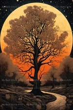 MOON TREE RIVER ART PRINT, Dark Fantasy Halloween Decor, Landscape Poster C260