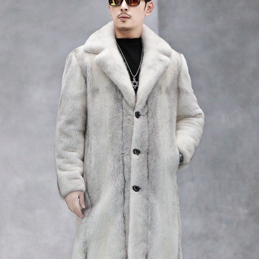 White Fur Trench Coat Faux Coat Men Men Single Breasted Mid Long