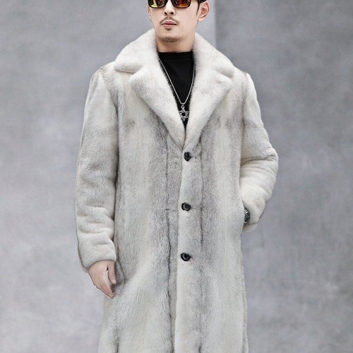 Men Single Breasted Mid Long Trench Coat Overcoat Faux Mink Fur Slim Fit Outwear - Picture 1 of 8
