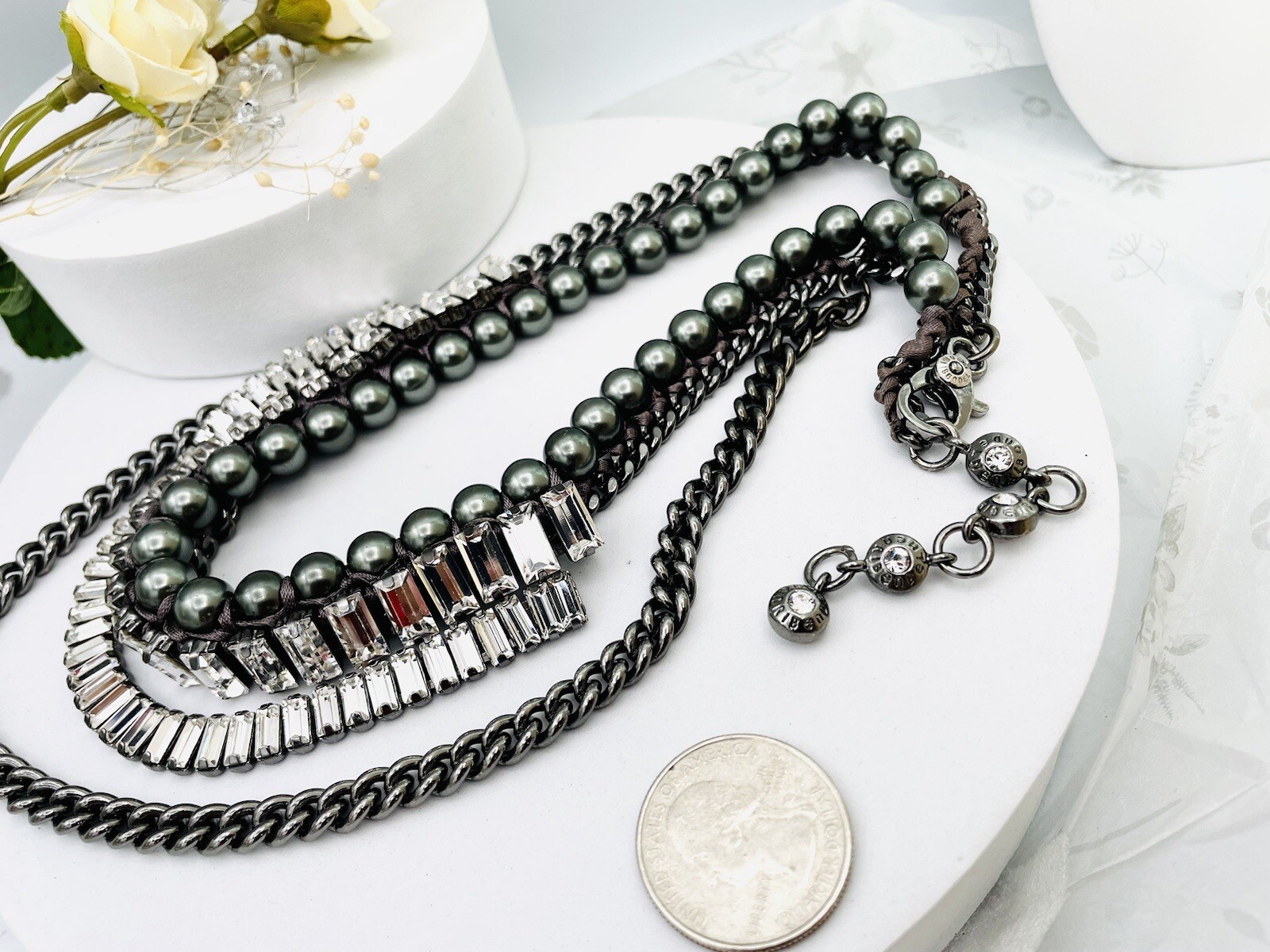 Henri Bendel Swarovski Crystal/Pearls Multi Strand Statement Necklace