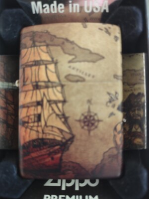 2021 Unused Zippo Premium Lighter Pirate Sailing Ship Old World Map Design    