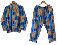 Cotton Tiger Print PJ Set Bridesmaid Pajama Set Women Nightwear Suit Blue Indian