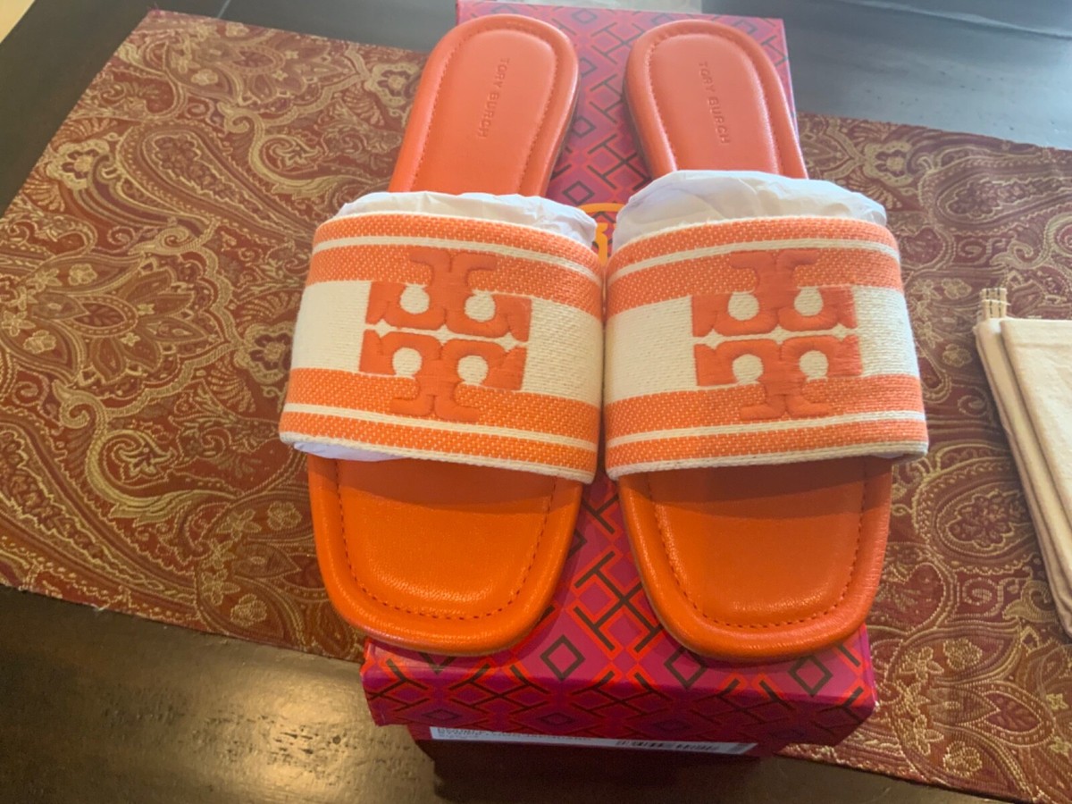 Tory Burch Double T Jacquard Slide ash white/ carrot, size 7.5