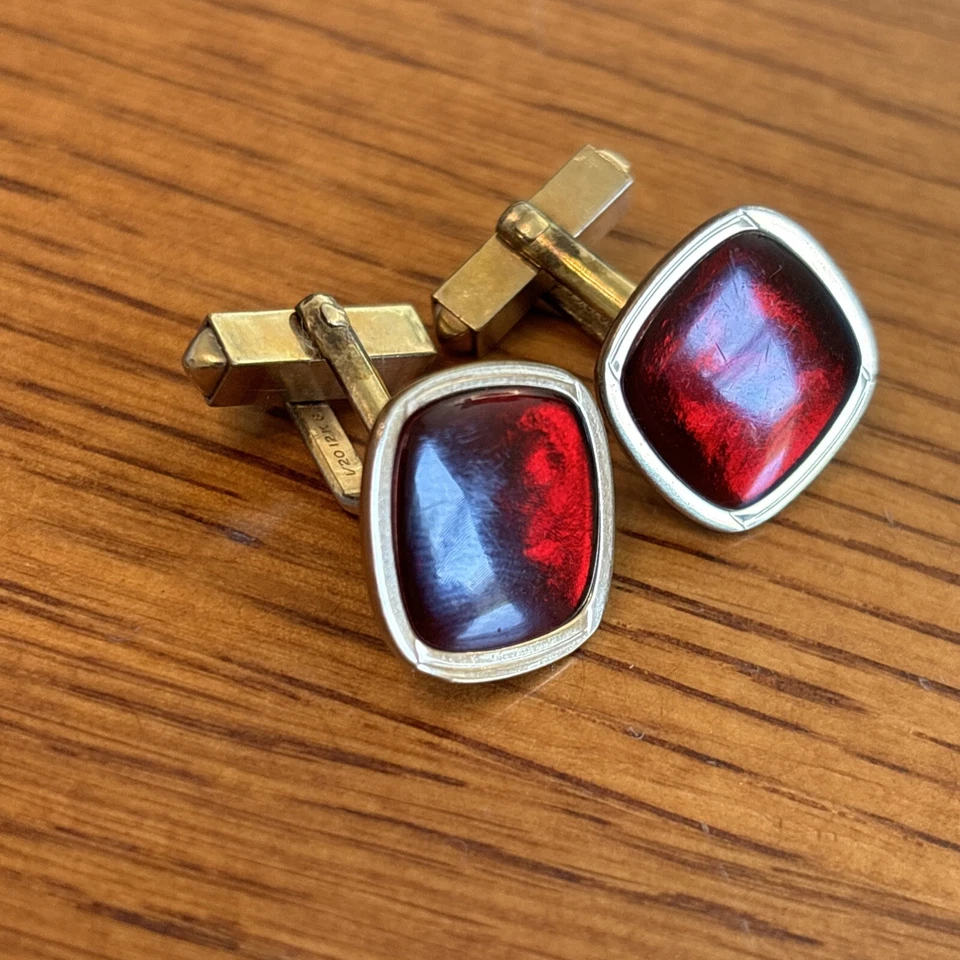 Swank 1/20 12k GF Gold Filled Square Vintage Red Resin Cufflinks 1 - Image 2 of 4