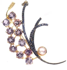 Unheated 8 mm. Pink Amethyst, Pearl & Sapphire Brooch Silver 925 Sterling