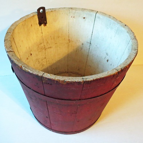 Antique New England WOODEN SAP BUCKET with Metal Bands & Hanging Hook - Picture 14 of 19