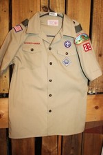 Boy Scouts of America BSA Youth Shirt Large Tan Sewn on patches