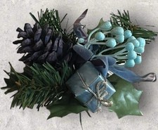 Vtg Christmas Floral Pick Corsage Blue Gift Pine Cone Berry Cluster Velvet Bow