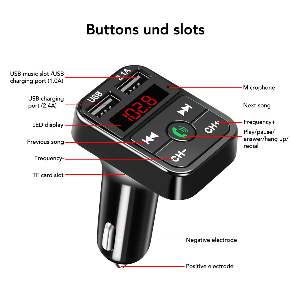 FM Transmitter Auto Bluetooth Kfz Radio Adapter mit Dual USB Ladegerät für Handy