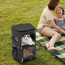 2 Tiers Rolling Pet Carrier with Side Pockets Cat Carrier with 4 Wheels Black
