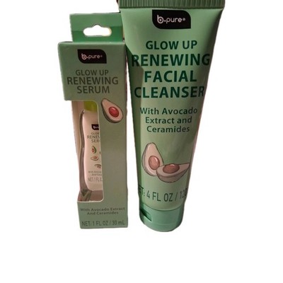 B pure Glow up Renewing Serum+Facial Cleanser W/Avocado Extract&Ceramides Setof2
