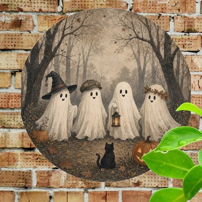 Halloween Pumpkin Ghost Theme Round Tin Sign 8x8 Wall Art
