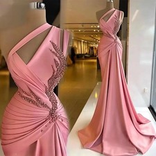 Chic One-Shoulder Pink PromDress Pearls Beaded Pleats Satin Long Reception Party
