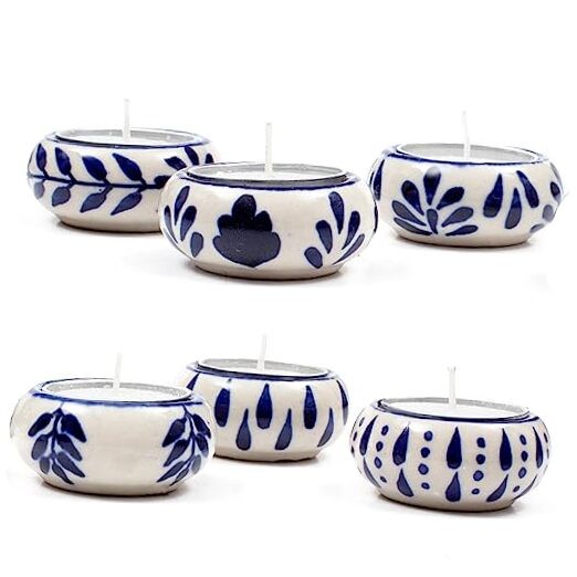 Blue and White Ceramic Tea Light Votive Candle Holders Set of 6